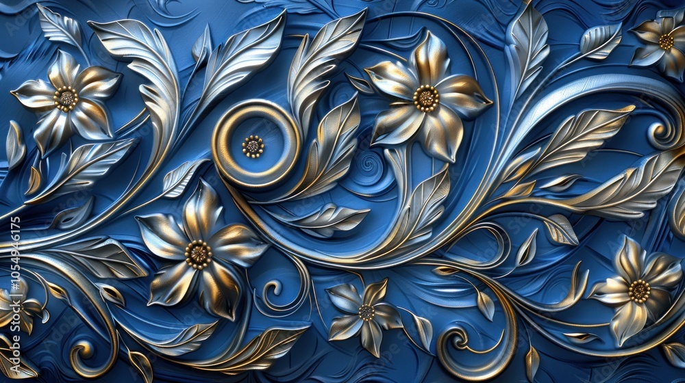 Vibrant blue gradient featuring floral swirls in silver and gold, forming an elegant and dynamic composition Vibrant blue gradient featuring floral swirls in silver and gold, forming an elegant and dynamic composition