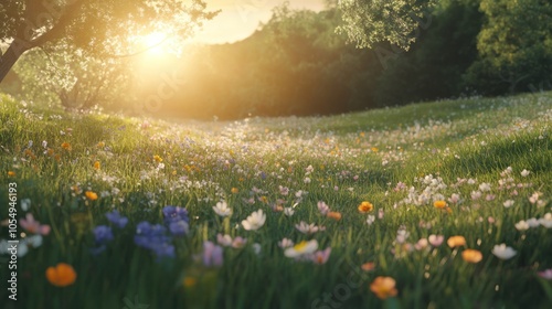 Spring meadow with fresh green grass and colorful wildflowers under soft sunlight