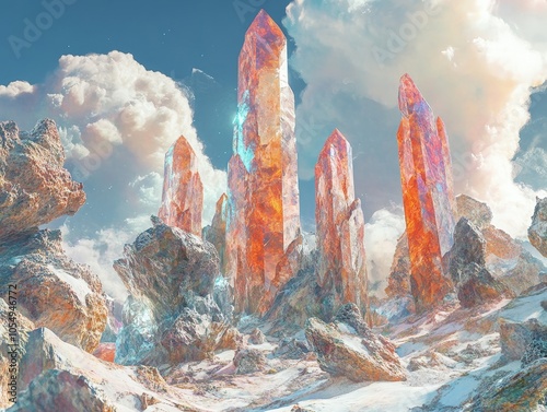 An AI-generated landscape painting of an alien world, with towering crystal formations and an otherworldly sky. photo