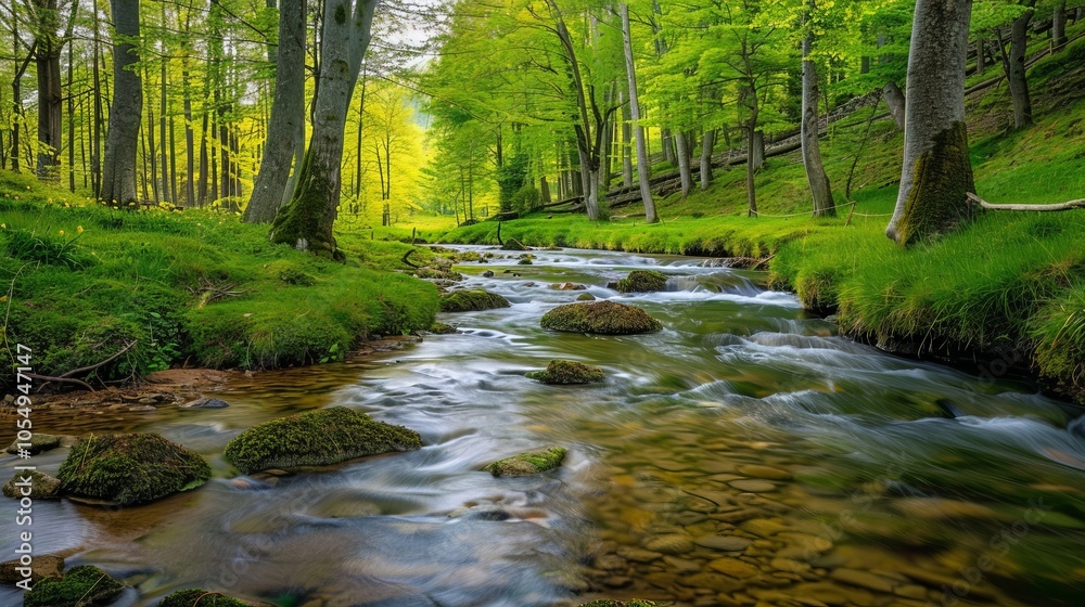 A clear stream flowing through a lush, green forest in spring A clear stream flowing through a lush, green forest in spring