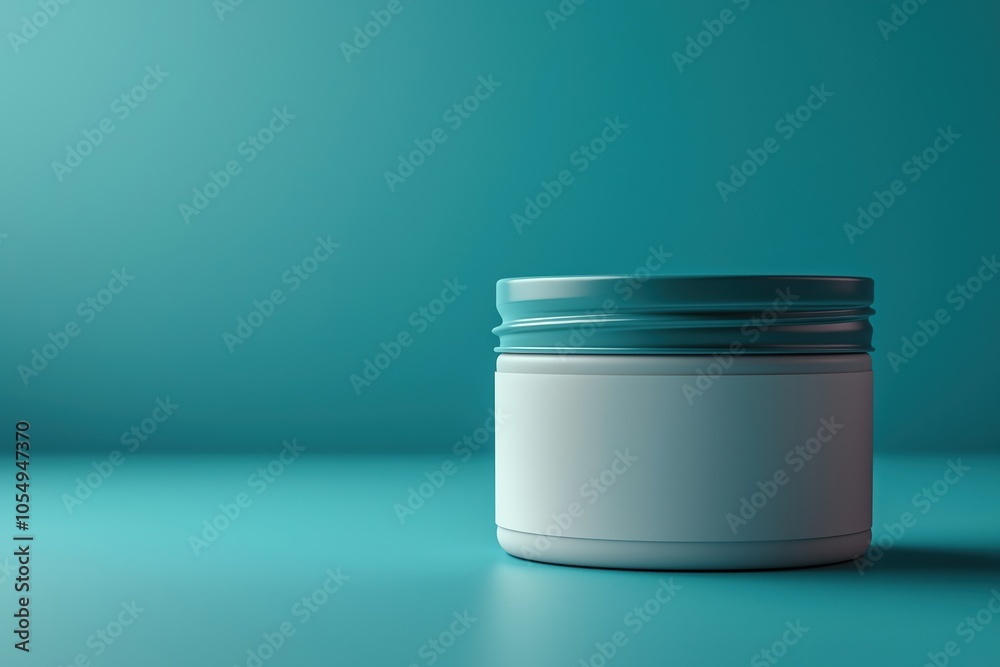 Simple white container on a teal surface, creating a minimalist and modern aesthetic Simple white container on a teal surface, creating a minimalist and modern aesthetic
