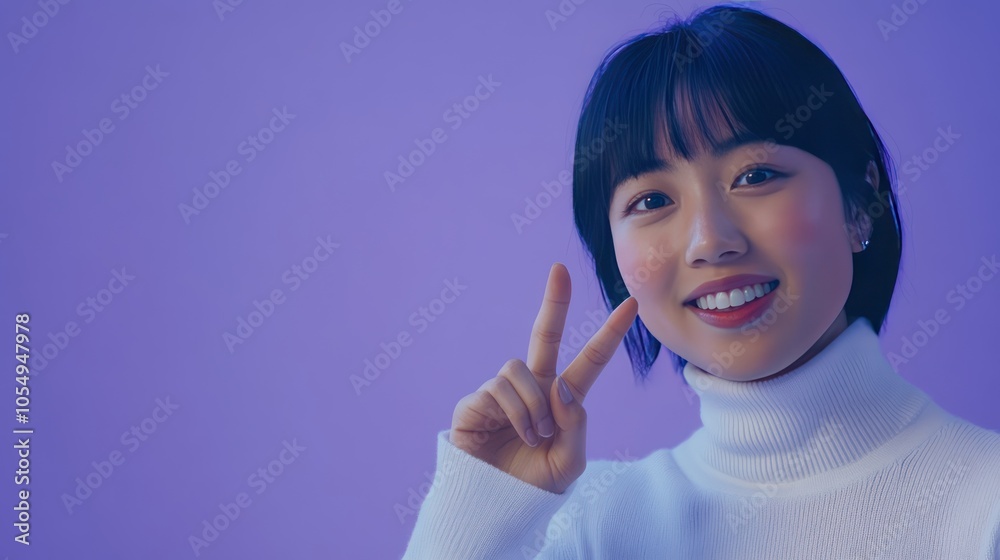 Smiling Woman With Peace Sign on Purple Background Smiling Woman With Peace Sign on Purple Background