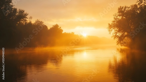 Hazy Sunset Over a Calm River