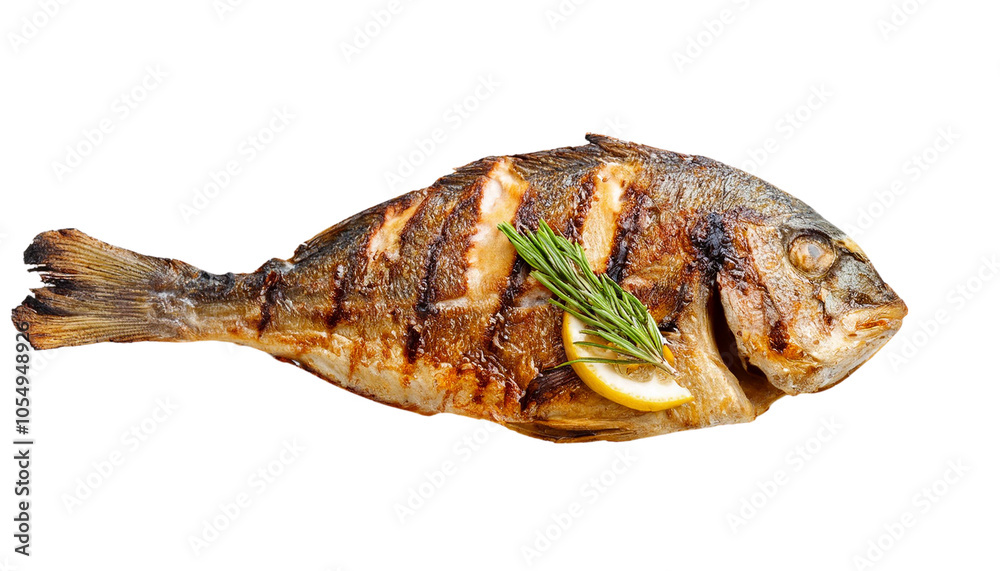 Grilled fish with lemon and herbs, white isolate background transparent background Grilled fish with lemon and herbs, white isolate background transparent background