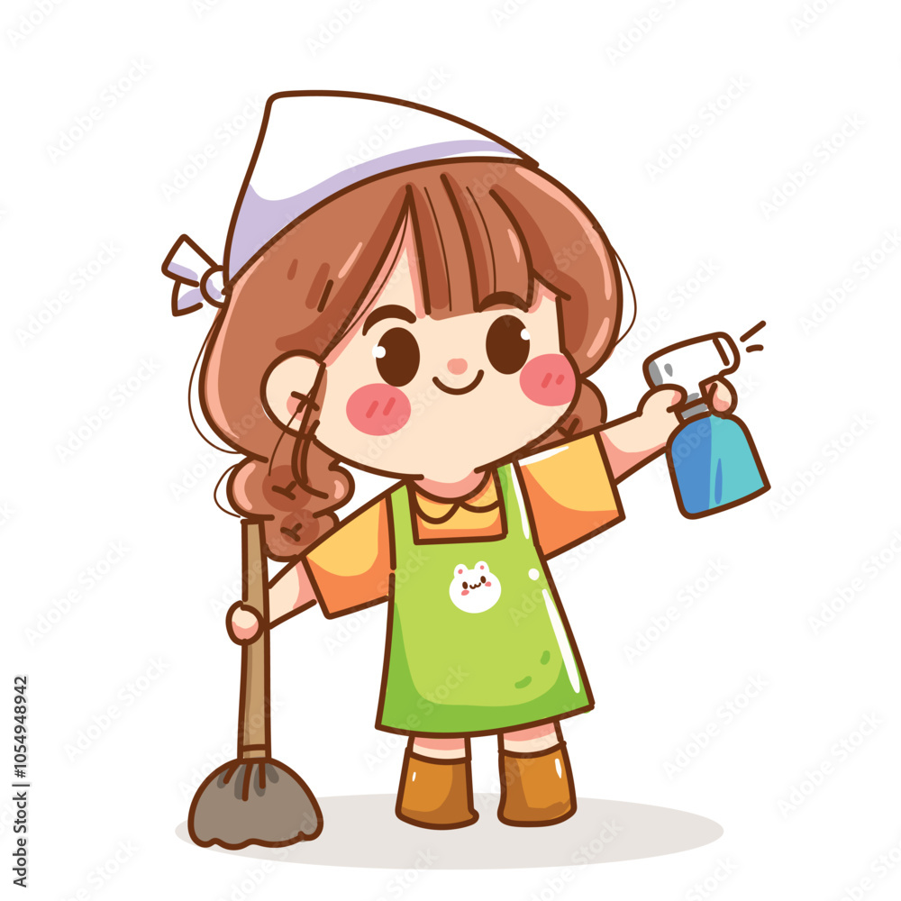 Girl holding cleaning equipment housekeeping, hand drawn cartoon, vector illustration Girl holding cleaning equipment housekeeping, hand drawn cartoon, vector illustration