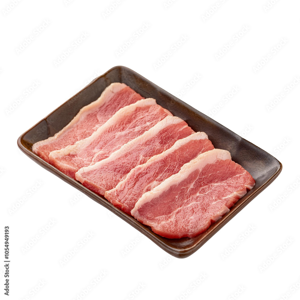 Fresh pork slices on a black plate transparent background Fresh pork slices on a black plate transparent background