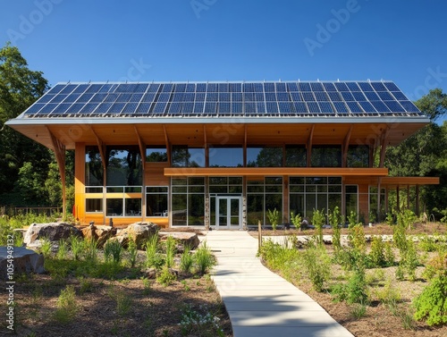 An eco-friendly educational center powered by renewable energy, built with reclaimed materials and designed for sustainability.