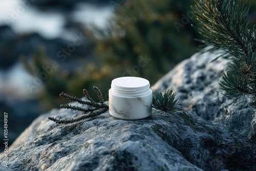 White Marble Jar on a Rocky Surface Surrounded by Pine Branches photo