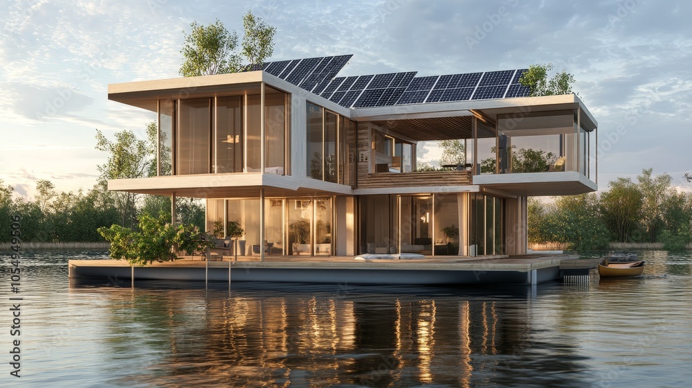 An eco-friendly floating house with solar panels and water filtration systems, designed to minimize its impact on the environment.