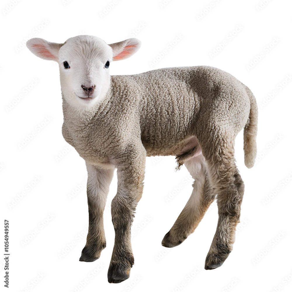 Fototapeta premium Cute lamb standing on white isolated background transparent background