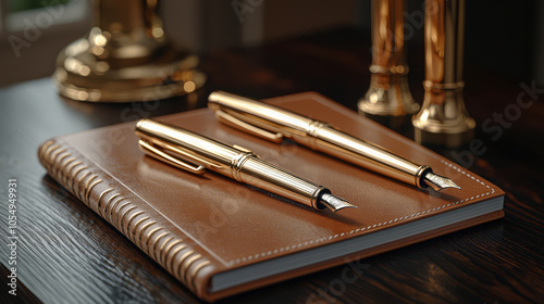 Luxurious New Year gift display of precious metal fountain pens and elegant notebooks