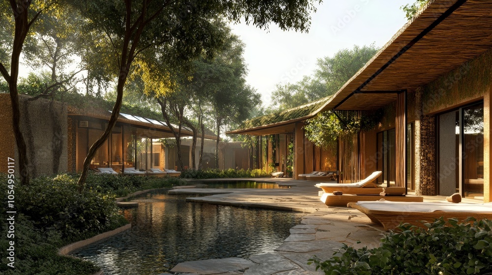 Fototapeta premium An eco-friendly hotel designed with natural materials, featuring energy-efficient lighting and solar water heaters.