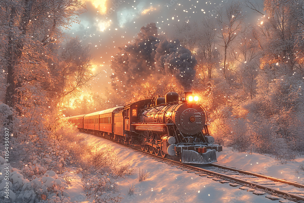 A steam locomotive chugging through a serene winter landscape, ideal for holiday cards, winter promotions, and vintage-themed designs during the festive season. A steam locomotive chugging through a serene winter landscape, ideal for holiday cards, winter promotions, and vintage-themed designs during the festive season.