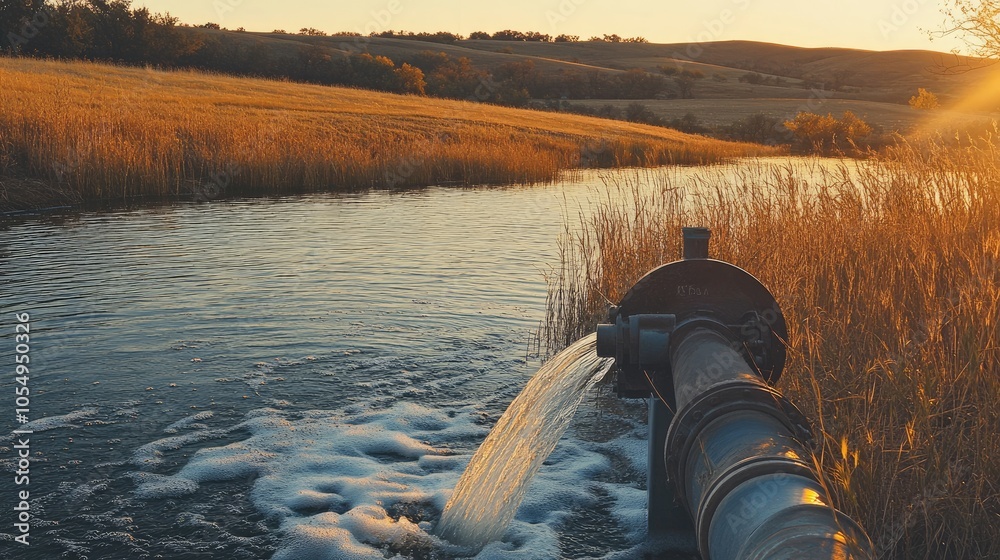 Obraz premium Tranquil Water Flowing from Pipe at Sunset
