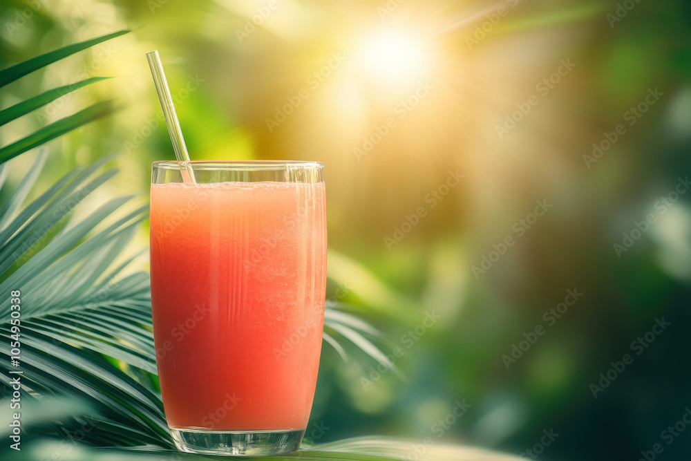 Refreshing watermelon juice in glass with straw, surrounded by lush greenery Refreshing watermelon juice in glass with straw, surrounded by lush greenery