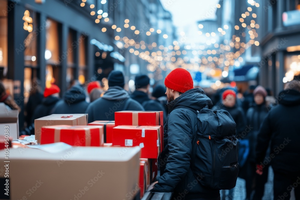 Obraz premium A man in a red hat and winter attire shops at a bustling festive market lined with lights and gift-wrapped boxes, capturing the spirit of holiday excitement and consumerism.