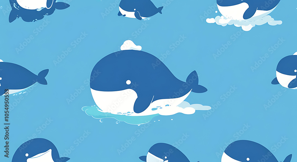 Fototapeta premium Smiling whale with a tiny water spout on a plain blue background, perfect for an ocean-themed, fun wallpaper design.
