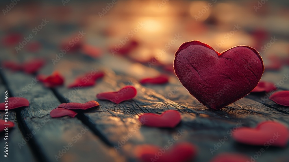 A heart is surrounded by many red hearts on a wooden surface A heart is surrounded by many red hearts on a wooden surface