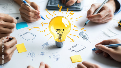 Team brainstorming with sticky notes and sketches, generating innovative ideas around glowing light bulb symbolizing creativity and collaboration