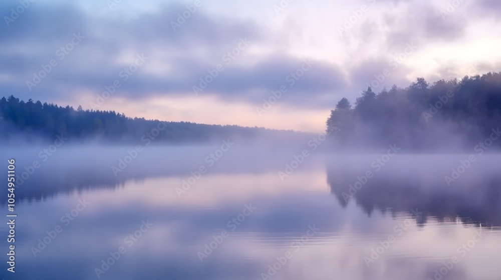 Fototapeta premium Tranquil Lake with Drifting Morning Fog
