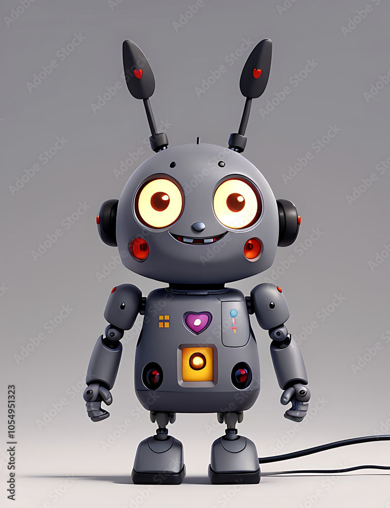 Small robot with a big smile, antennae, and heart-shaped buttons on a plain light gray background, ideal for a modern tech-themed wallpaper. Small robot with a big smile, antennae, and heart-shaped buttons on a plain light gray background, ideal for a modern tech-themed wallpaper.