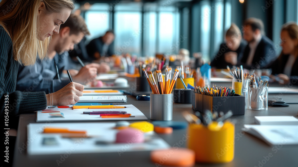 Creative workshop with participants engaged in artistic activities, using various materials like colored paper, markers, and scissors. atmosphere is collaborative and inspiring