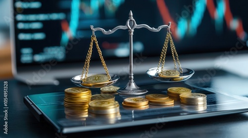 Balance scales with coins on a financial background, symbolizing investment and value assessment.