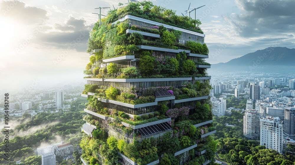 Obraz premium An eco-friendly skyscraper with solar panels, wind turbines, and a vertical garden stretching up the entire height of the building.