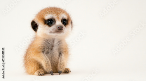 Adorable baby meerkat sitting alert with big eyes and soft fur. This charming creature captures attention with its curious expression and playful demeanor, making it delightful subject for wildlife