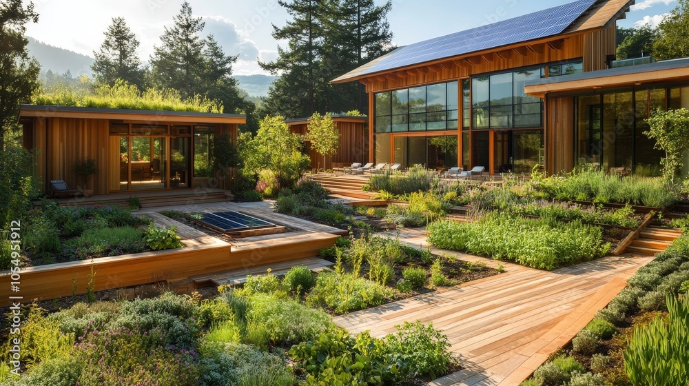 An eco-friendly spa retreat with energy-efficient buildings, solar water heaters, and a garden providing organic herbs and vegetables. An eco-friendly spa retreat with energy-efficient buildings, solar water heaters, and a garden providing organic herbs and vegetables.