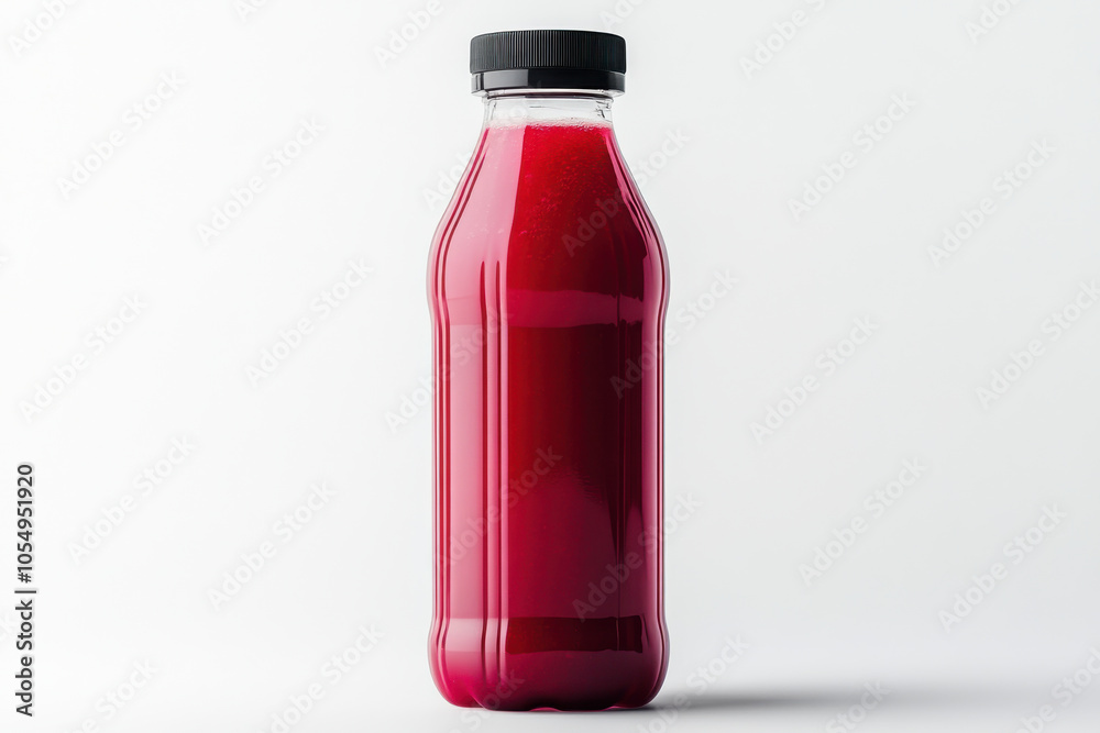 Vibrant red juice in clear bottle with black cap. Refreshing and healthy