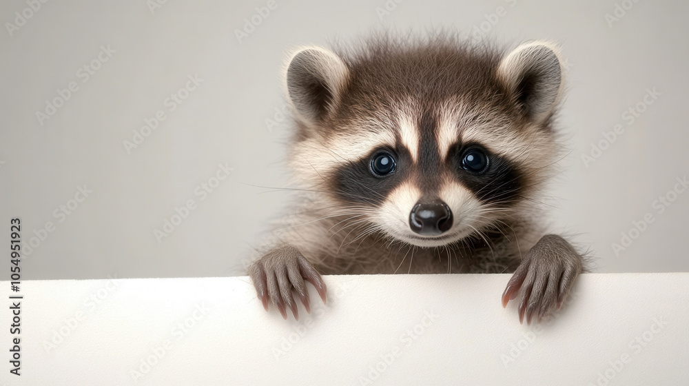 Adorable 4 month old baby raccoon with curious eyes peeking over surface, showcasing its playful and inquisitive nature Adorable 4 month old baby raccoon with curious eyes peeking over surface, showcasing its playful and inquisitive nature
