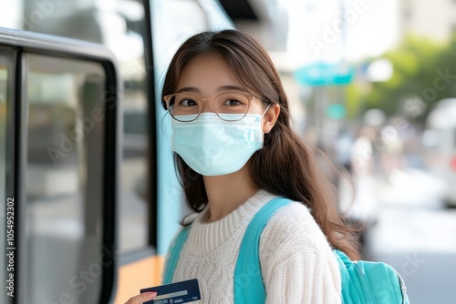 A young woman in glasses and a protective mask holds a ticket while standing near public transport, symbolizing travel readiness in a modern, urban environment.