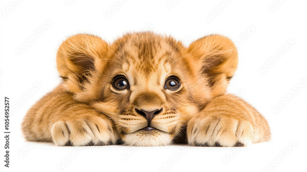 Obraz premium Charming baby lion cub with big paws, showcasing its playful nature and innocence. This adorable cub captivates with its expressive eyes and soft fur