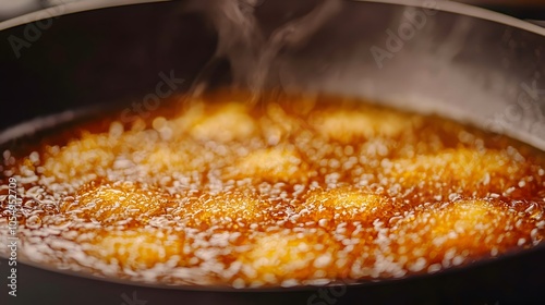 Close-Up of Latkes Frying in Skillet photo