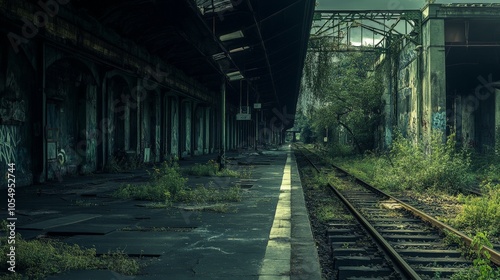 An eerie, abandoned train station, with the tracks overgrown and the platform crumbling under years of neglect.