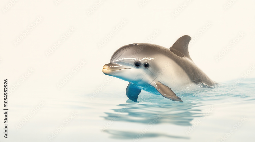 Fototapeta premium Cute 4 month old baby dolphin swimming playfully in clear water, showcasing its playful nature and curiosity. This adorable marine creature brings joy and wonder
