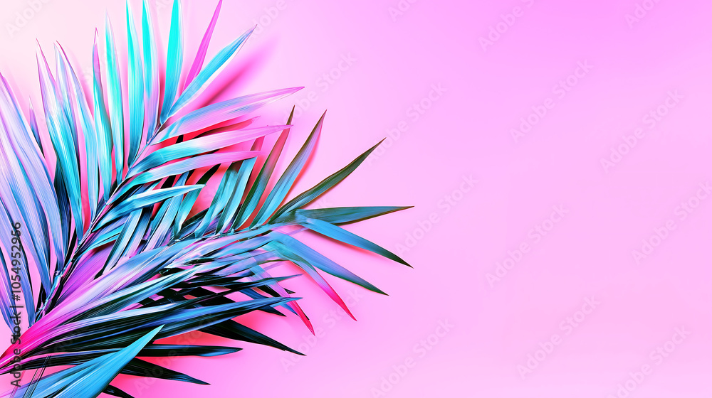 Vibrant palm leaves in shades of blue and pink against soft gradient background create tropical and modern aesthetic Vibrant palm leaves in shades of blue and pink against soft gradient background create tropical and modern aesthetic