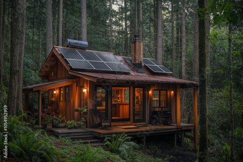 An off-grid eco-friendly cabin deep in the forest, featuring solar energy, a composting toilet, and a rainwater collection system.