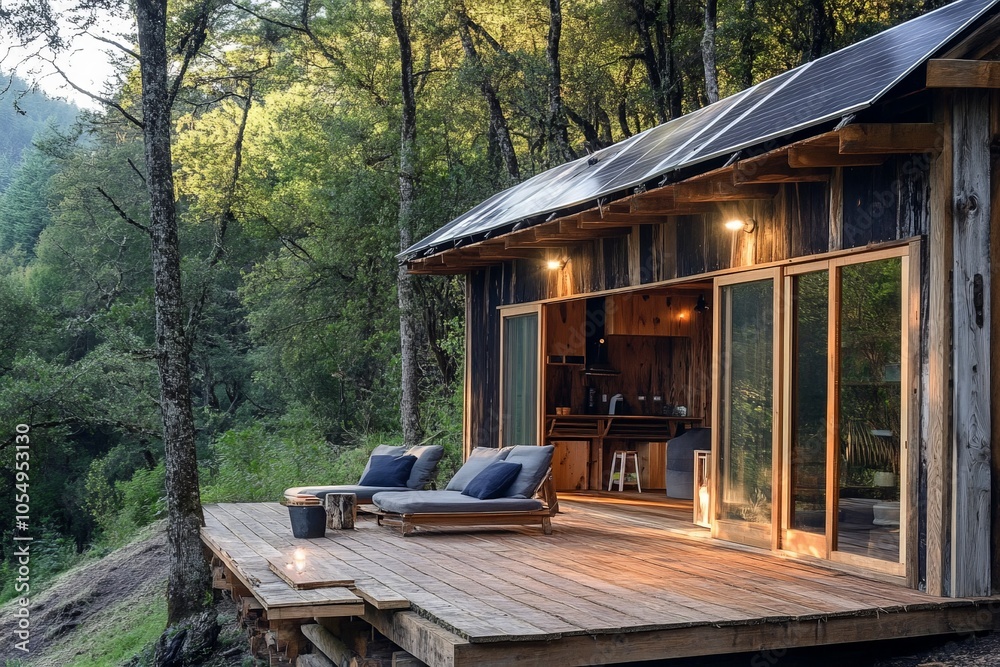 An off-grid eco-friendly retreat with solar-powered cabins made from natural materials, set in a remote forest. An off-grid eco-friendly retreat with solar-powered cabins made from natural materials, set in a remote forest.