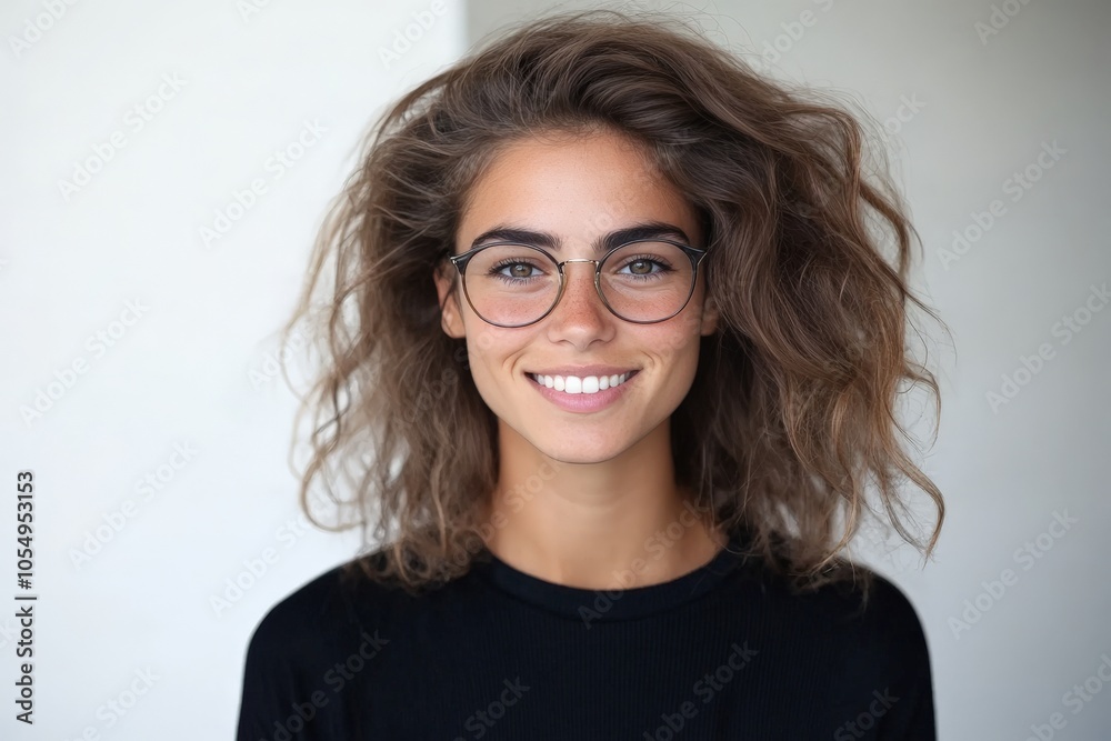 Obraz premium A cheerful woman with curly hair and glasses smiles warmly, exuding confidence and positivity. She stands in a casual setting reflecting friendly demeanor.