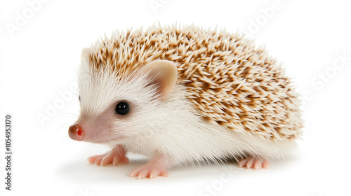 Cute baby hedgehog exploring white background, showcasing its adorable features and playful nature. This small creature is perfect for animal lovers