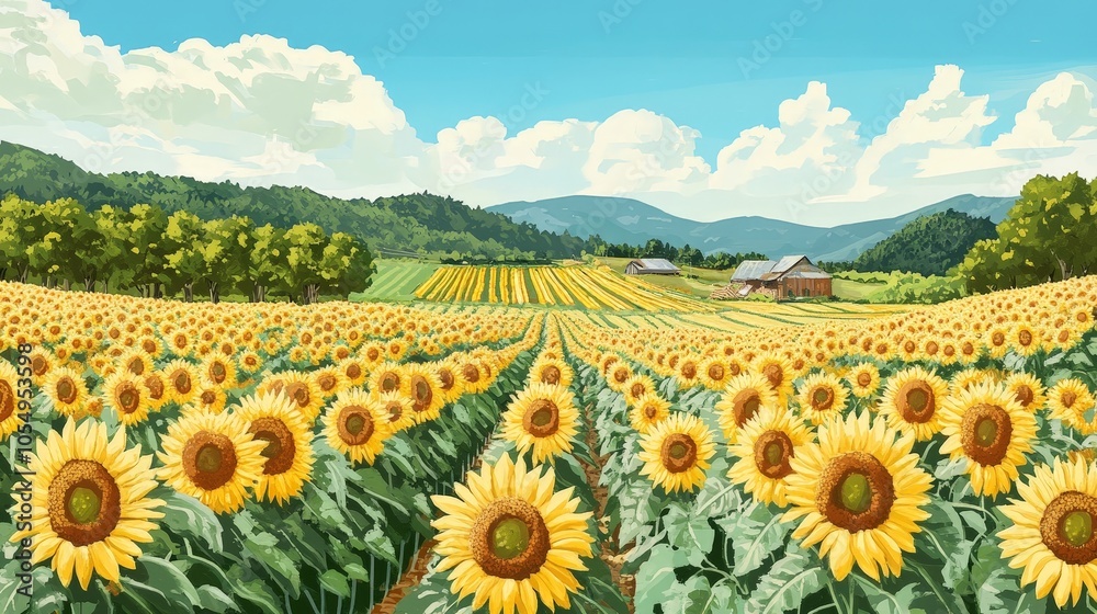 Obraz premium An organic farm with fields of sunflowers and crops rotated to maintain soil fertility and promote sustainability.