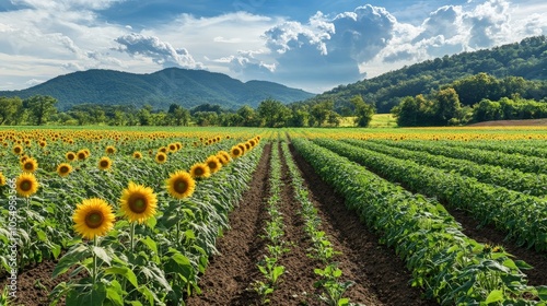 An organic farm with fields of sunflowers and crops rotated to maintain soil fertility and promote sustainability.