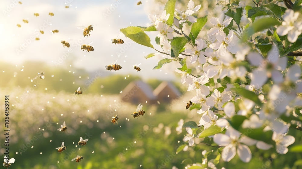 Bees flying through an orchard filled with apple trees, pollinating the blossoms while hives sit in the background. Bees flying through an orchard filled with apple trees, pollinating the blossoms while hives sit in the background.