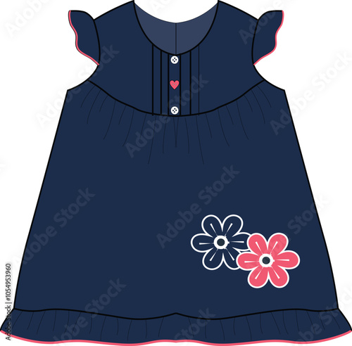 girls denim frock flower  print vector design