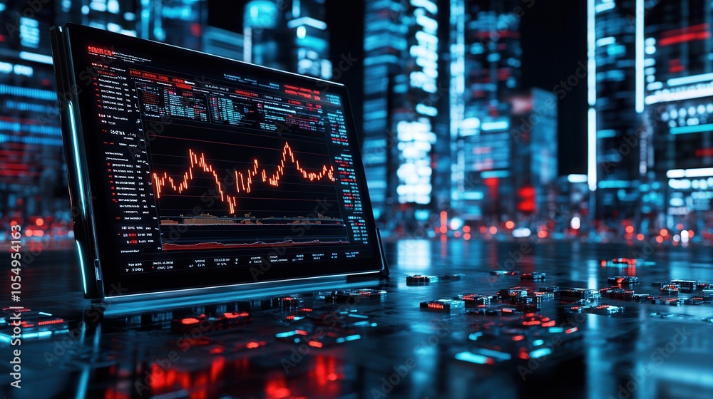Futuristic trading interface with graphs and data analysis in a neon city setting. Futuristic trading interface with graphs and data analysis in a neon city setting.