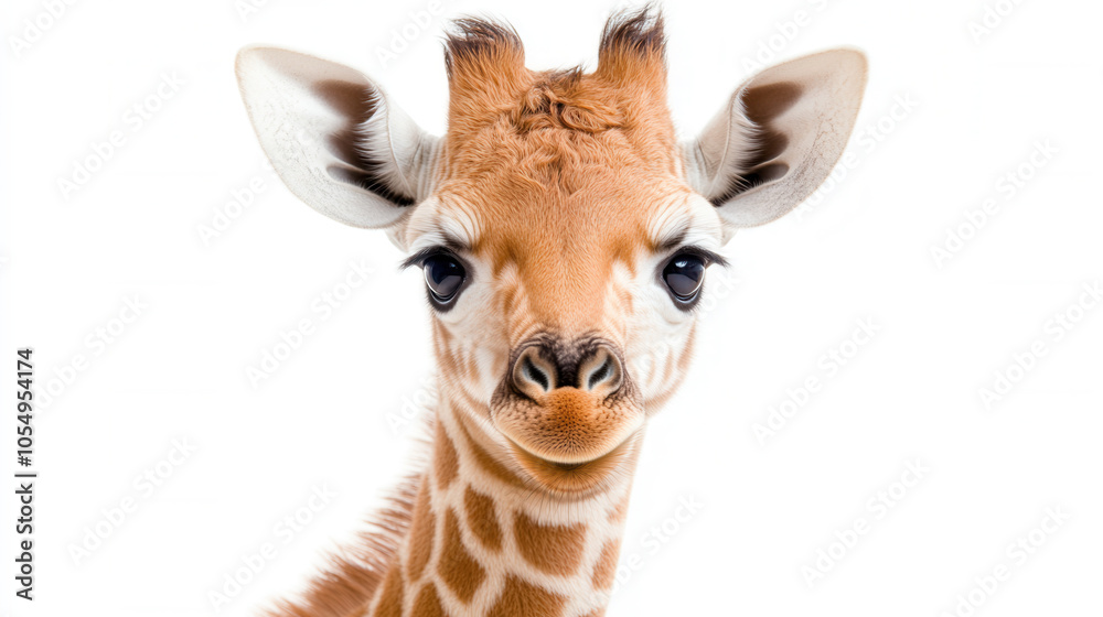Fototapeta premium Sweet 4 month old baby giraffe with long neck and expressive eyes, showcasing its unique features and playful nature