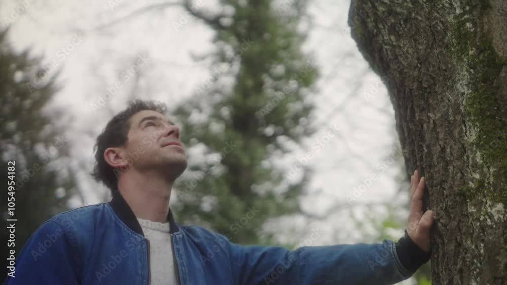 A man touching a tree and looking up A man touching a tree and looking up