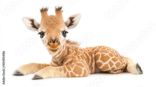 sweet 4 month old baby giraffe with long neck and distinctive spots, lying down in playful pose. This adorable animal exudes charm and innocence